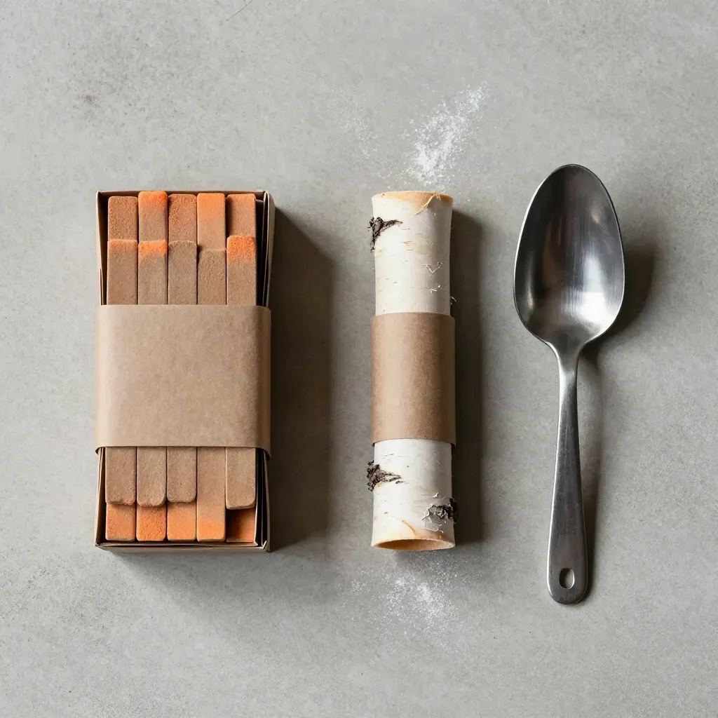 Overhead flatlay of eco firelighter blocks, birch bark, paper band and steel scoop on concrete