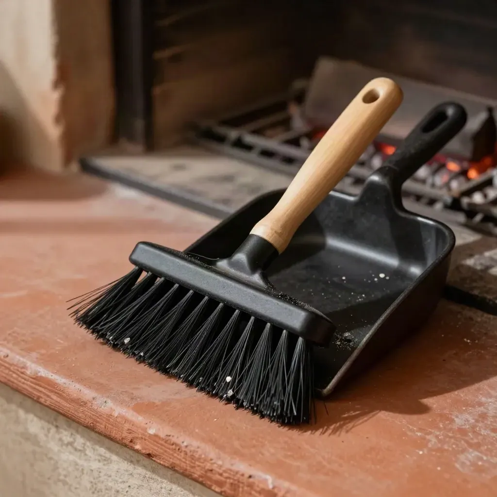 Mini hearth brush and ash pan set beside a cast-iron grate on a terracotta hearth.