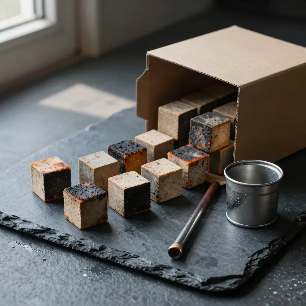 Fire cubes, ferro rod and tin cup on damp slate in a tense diagonal flatlay.