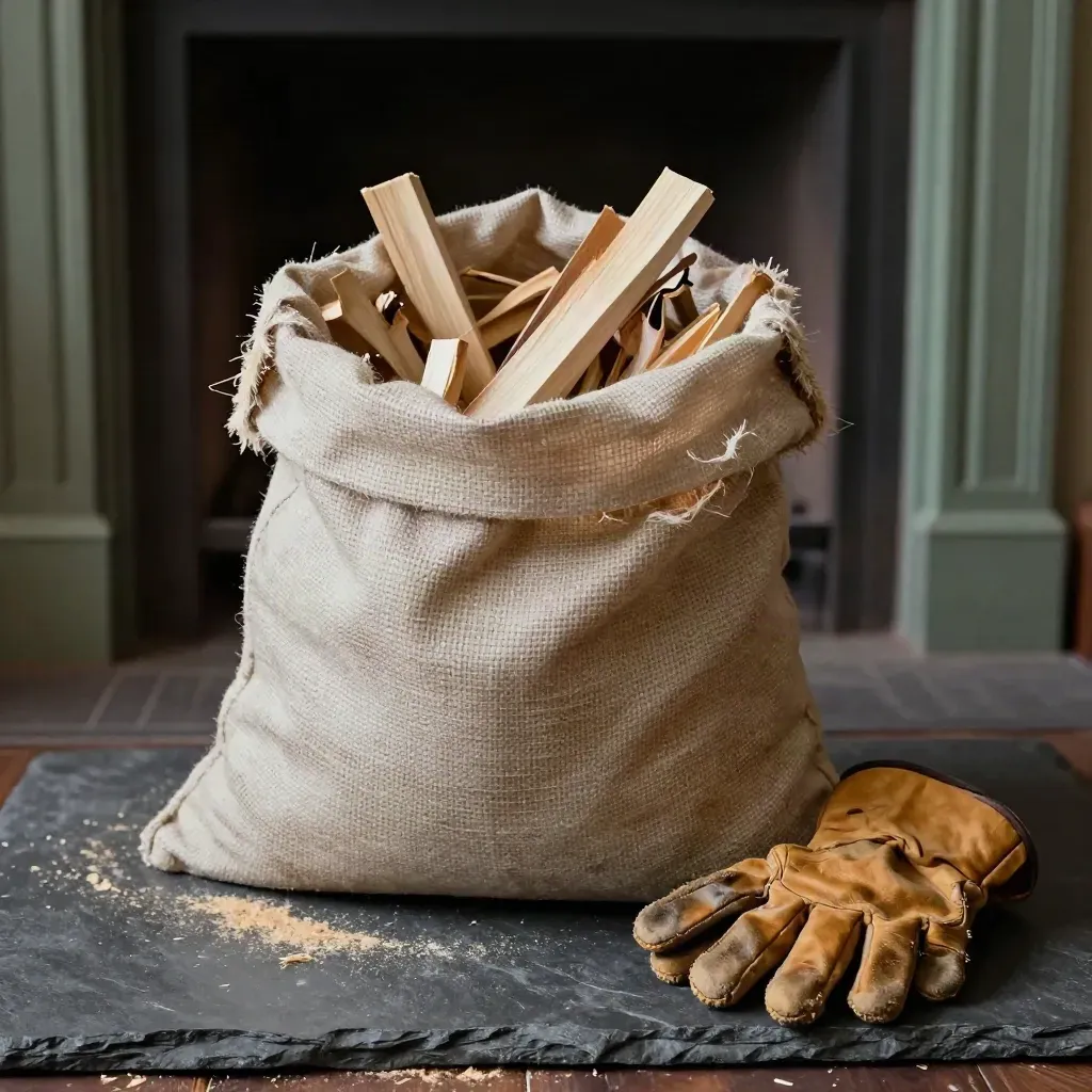 Open birch kindling sack beside a leather glove on a dark hearth, lit by warm raking light.
