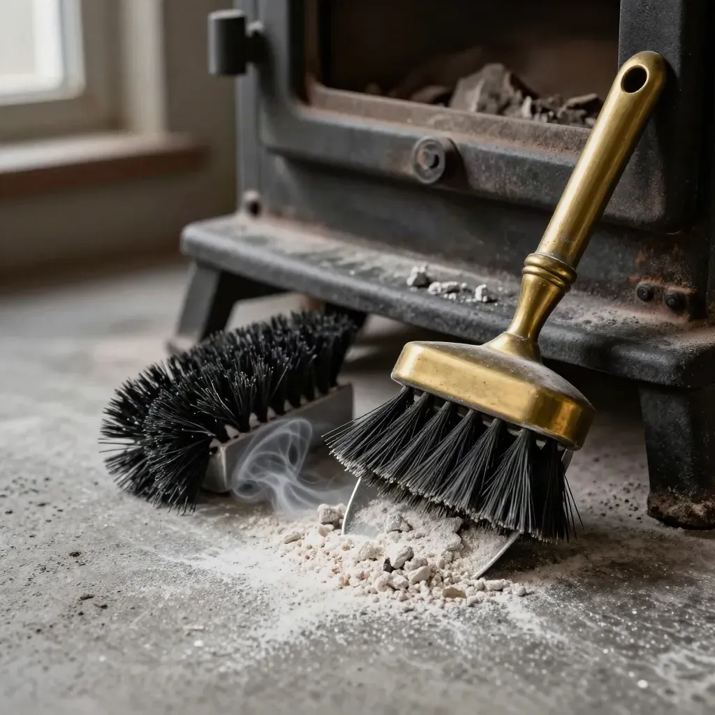 Brass ash scoop and black brush beside pale ash at a stove base.