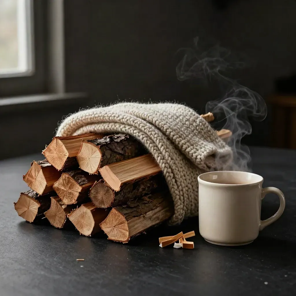 Macro stove pack bundle with kindling, logs, wool throw and steaming mug on black surface