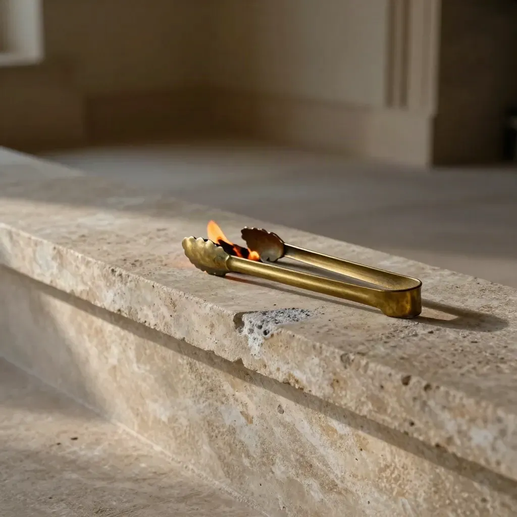 Limestone hearth ledge with firelighters, brass tongs, and ash in warm afternoon light.