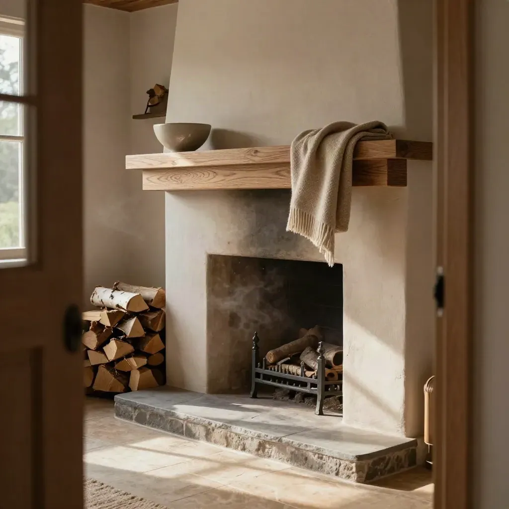 Sunlit oak mantel with stacked kindling, ceramic bowl, and wool throw in a calm cottage sitting room.