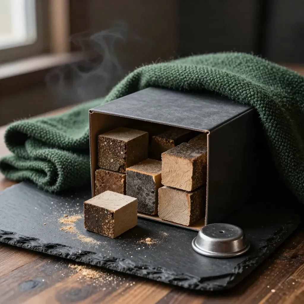 Open box of compressed logs with blanket fold and steel doorstop on slate