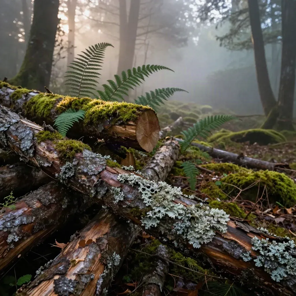 Misty woodland clearing with moss, stacked logs, damp bark, and ferns at dawn.