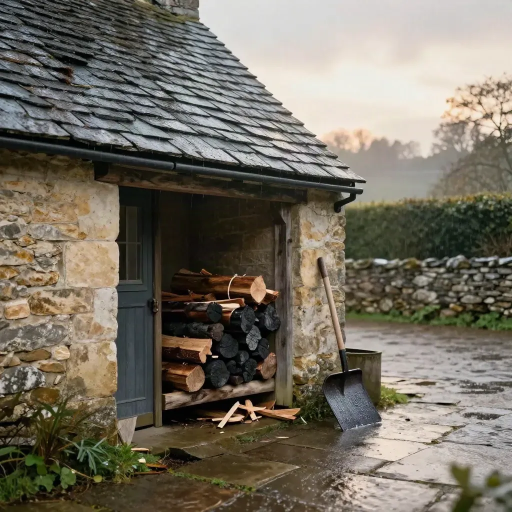 Rain-slick stone cottage threshold with compressed logs and kindling by the door