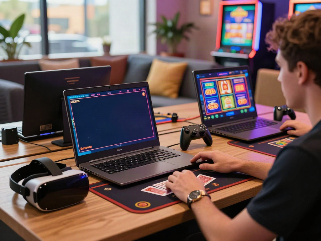 Player enjoying non GamStop casinos on a sleek laptop with vibrant graphics in a cozy gaming environment.