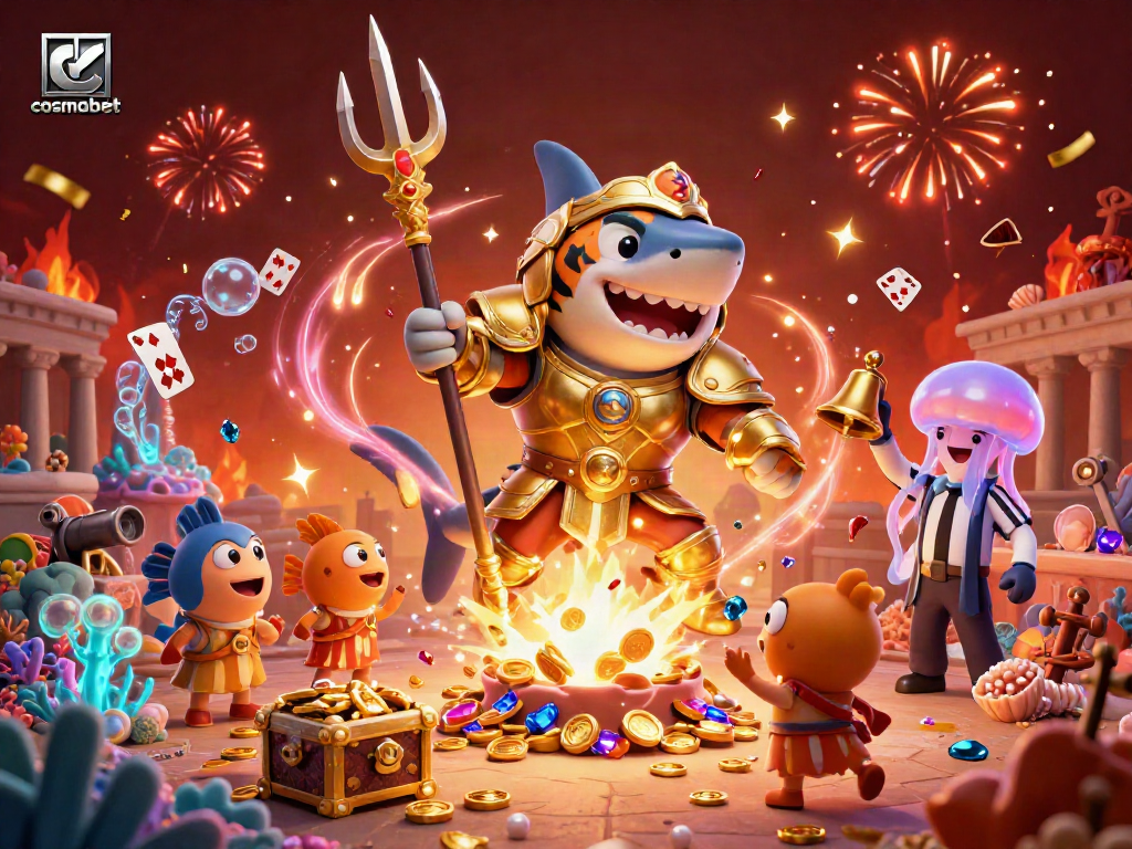 Experience the thrill of cosmobet with this lively underwater casino illustration featuring a shark in gladiator armor.