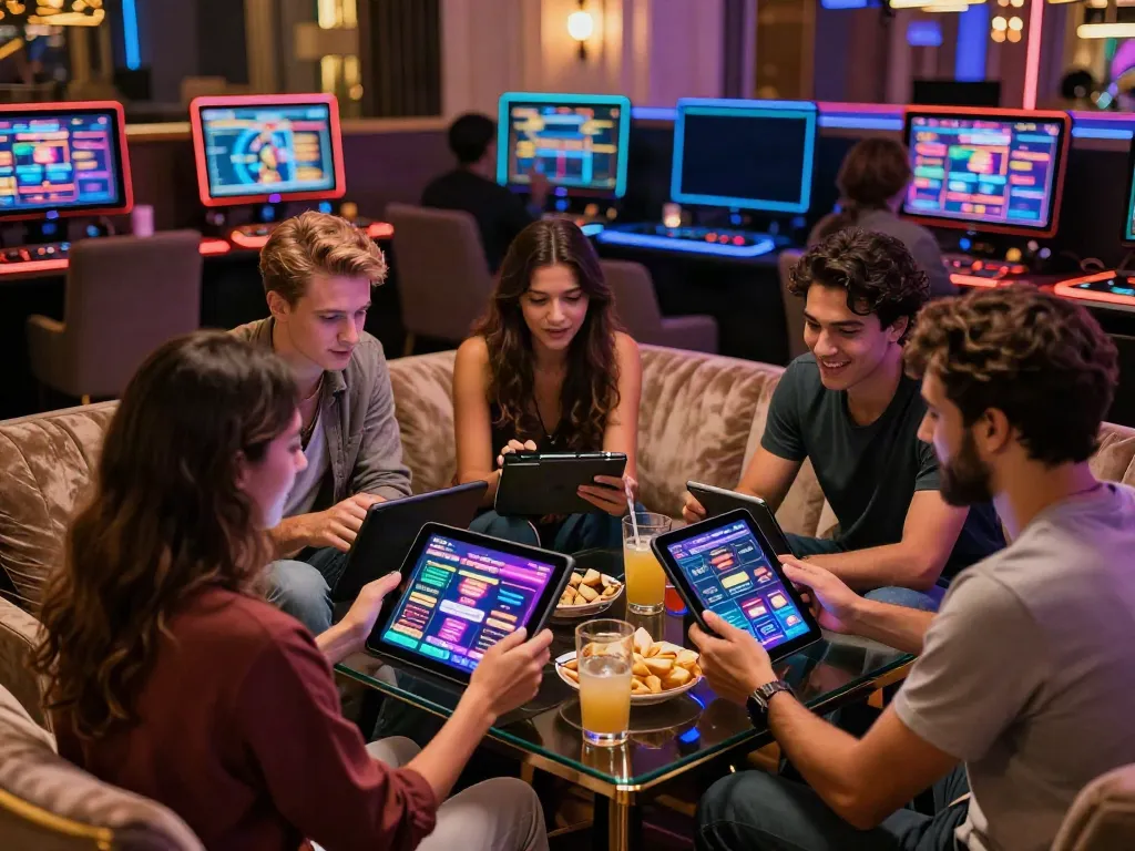 Diverse friends exploring non GamStop casinos on tablet in vibrant casino setting.