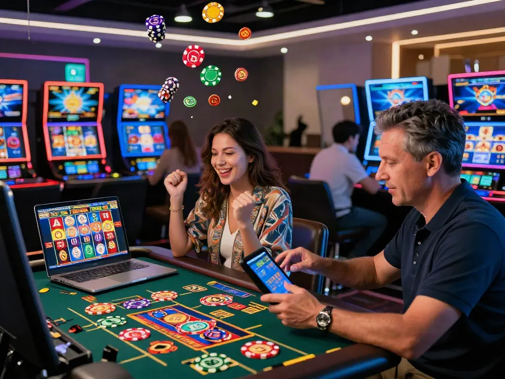Players enjoying a vibrant gaming atmosphere at non Gamstop casinos, celebrating wins on various games.