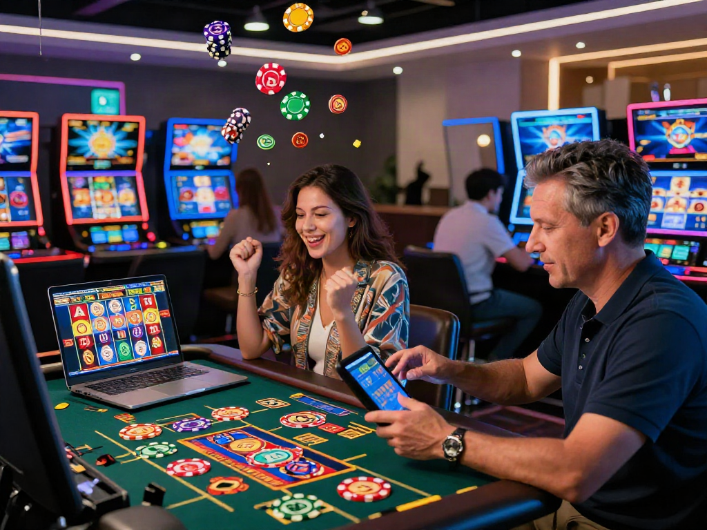 Players enjoying a vibrant gaming atmosphere at non Gamstop casinos, celebrating wins on various games.