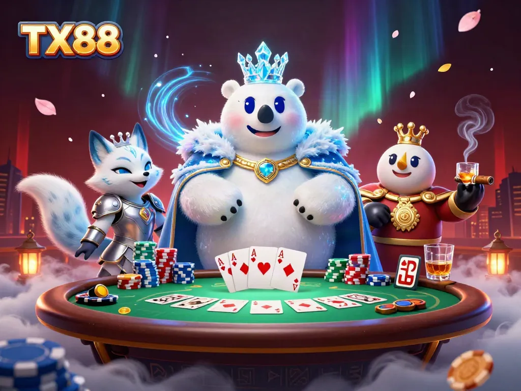 Experience thrilling gameplay at TX88 with a royal polar bear and a snow fox amidst poker excitement.