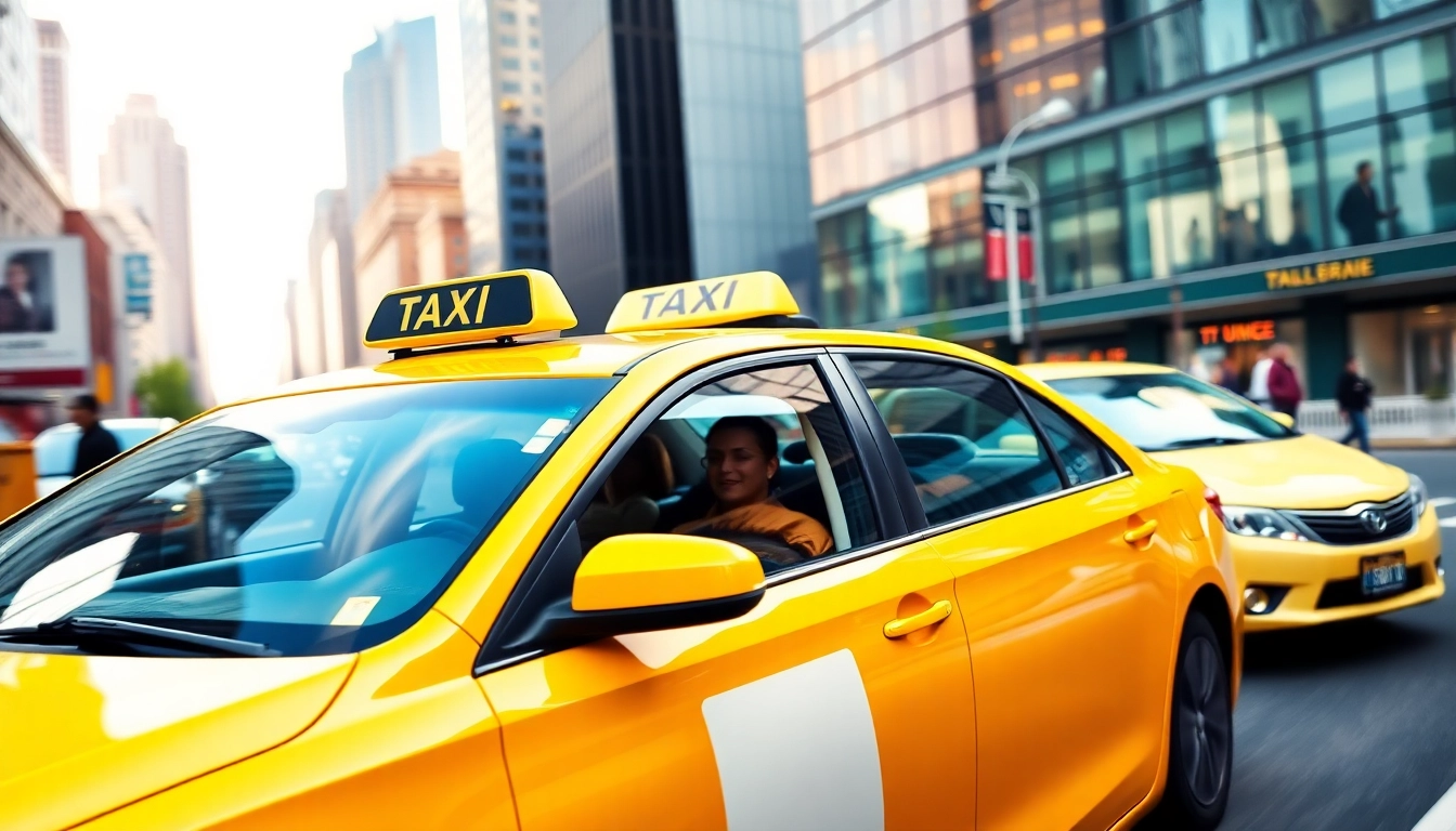Cabs speeding through an urban landscape highlighting vibrant city life.