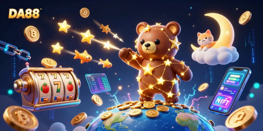 Enjoy thrilling gameplay with DA88 featuring a constellation bear and lucky symbols in a vibrant casino scene.