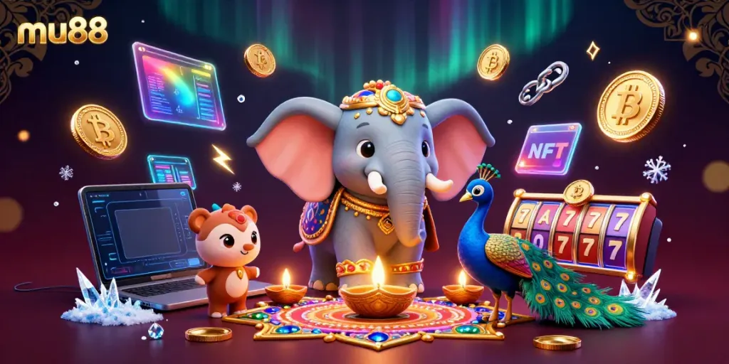 Engage with mu88's vibrant gaming world featuring a charming 3D elephant, peacock, and dynamic casino themes.
