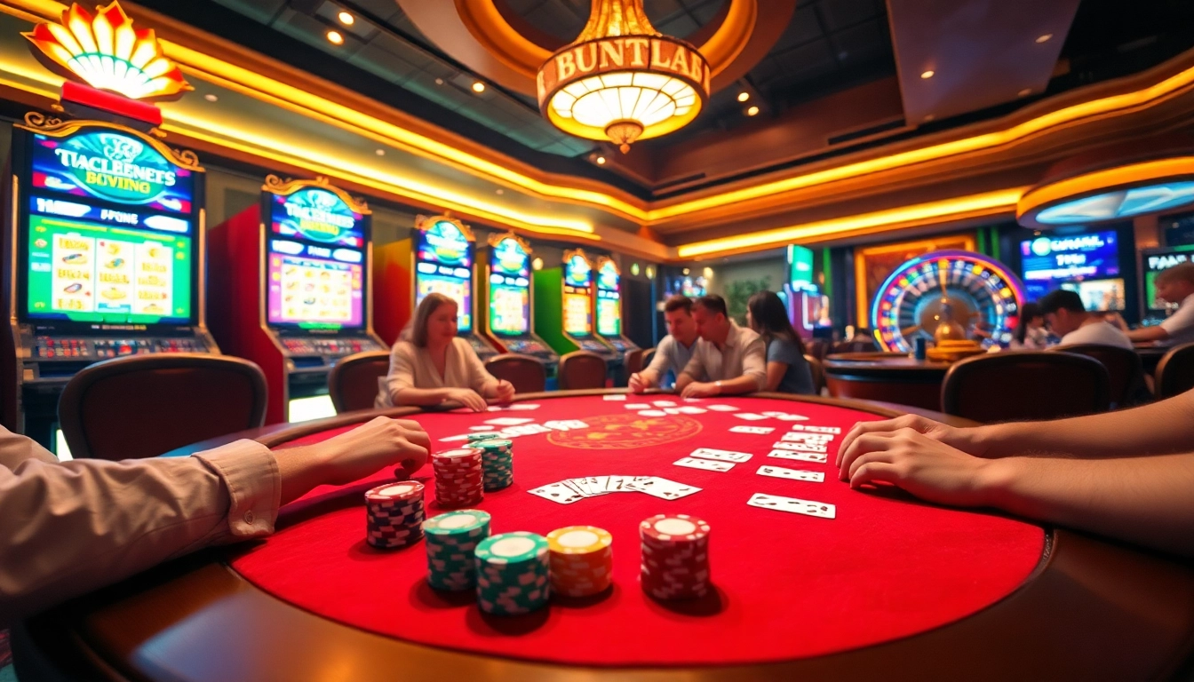 Players engaging in a thrilling poker game at a luxurious casino, showcasing excitement related to https://go88hv.com/.