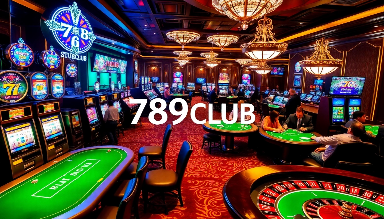 A thrilling casino scene showcasing 789CLUB logo on vibrant slot machines and poker tables.