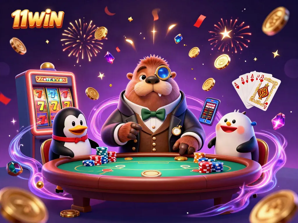 Experience thrilling gameplay at 11WIN with a jolly walrus, sophisticated dealer, and exciting casino elements.