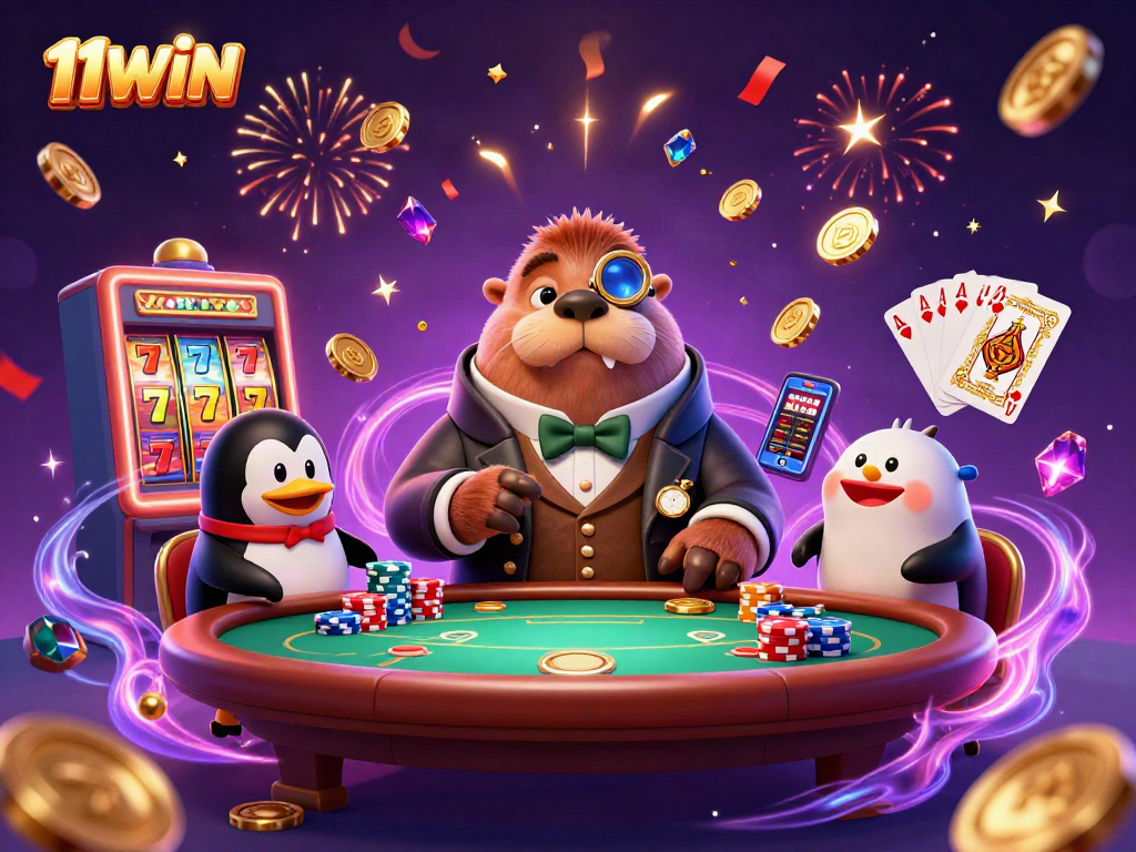 Experience thrilling gameplay at 11WIN with a jolly walrus, sophisticated dealer, and exciting casino elements.