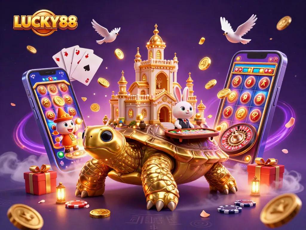 LUCKY88 casino illustration featuring a golden tortoise, rabbit dealer, and dynamic game elements.
