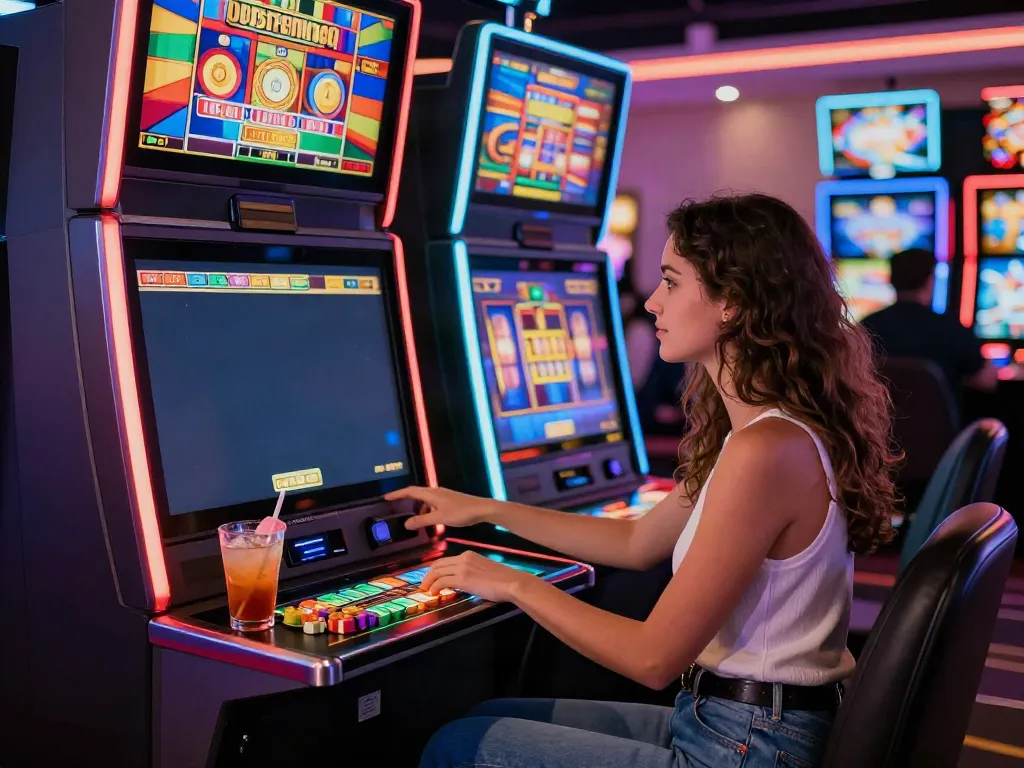 Woman enjoying non gamstop casinos gaming experience at vibrant slot machine.