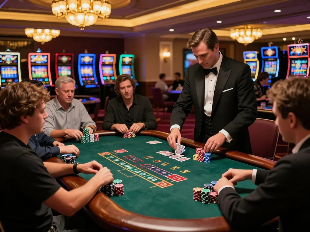 Players strategizing at a lively blackjack table in a luxurious casino atmosphere, showcasing mm88 excitement and engagement.