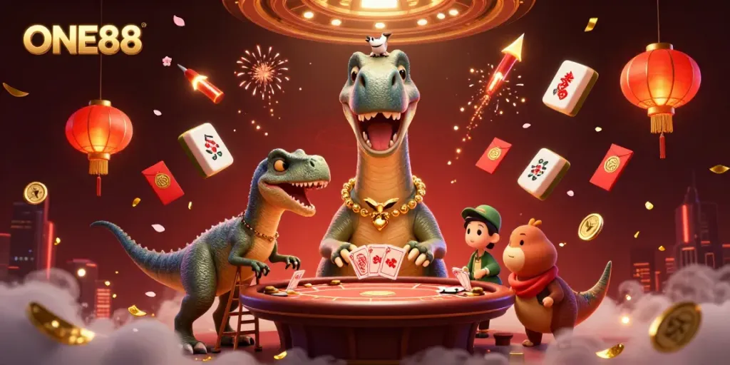ONE88 casino illustration featuring a giant brontosaurus and clever dealer raptor in action.
