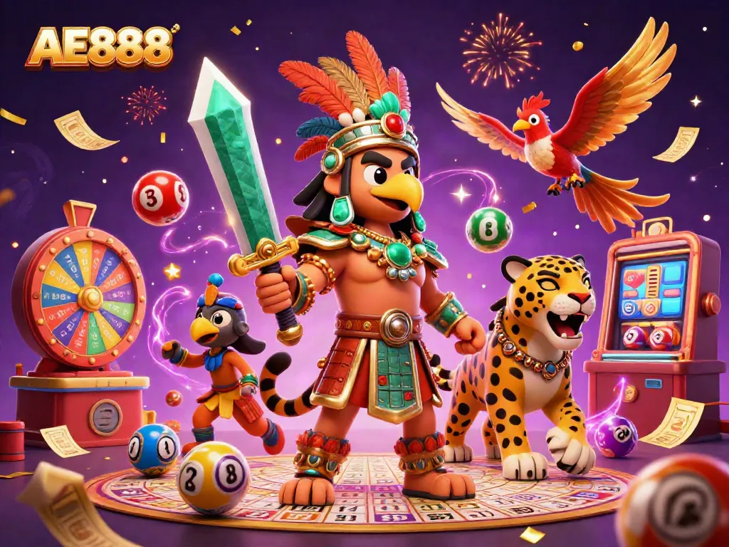 Experience AE888's thrilling lottery and gaming extravaganza with vibrant characters and dynamic casino elements!