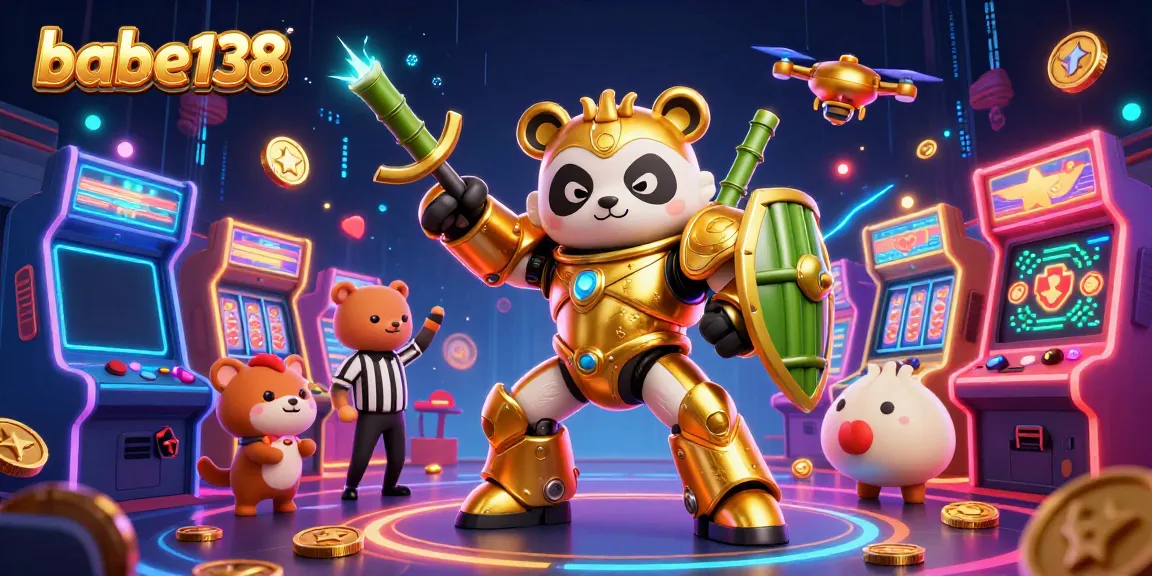 Gambarkan suasana bermain slot di babe138 dengan panda beregu dan elemen kasinonya yang hidup.