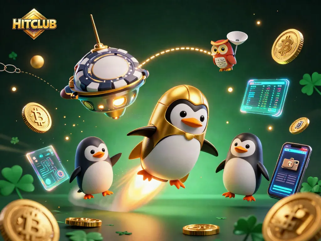 Join the HITCLUB experience with a golden penguin soaring to a vibrant casino space station amidst glowing cryptocurrency elements.