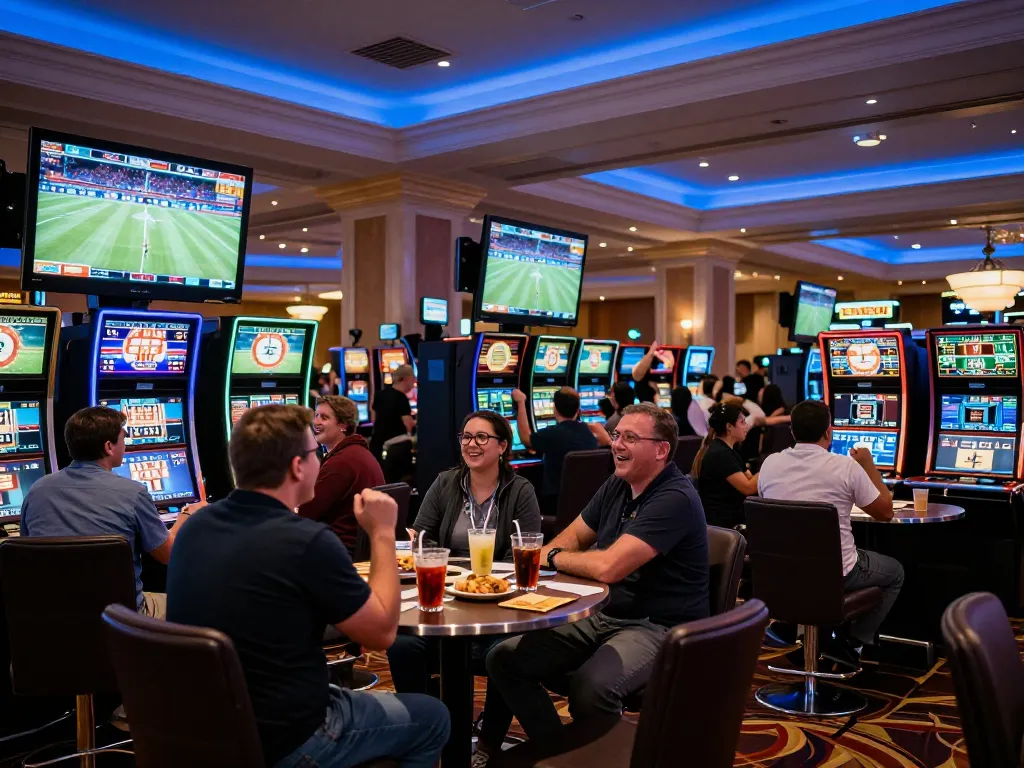 Fans engaging in sports betting at a casino lounge while excitement builds around the latest 7m1 betting odds