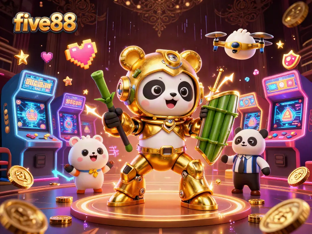 Experience exciting live casino action with five88 as a golden panda pilots a bamboo robot.