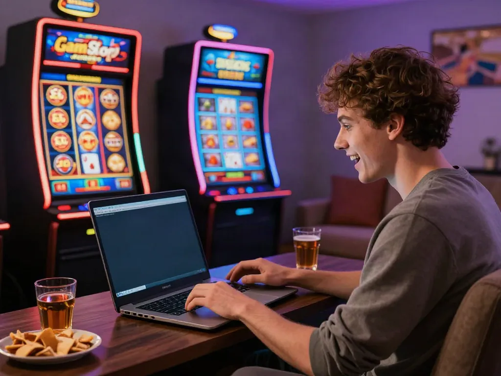Excited player engaging with non GamStop casinos on laptop in cozy living room.