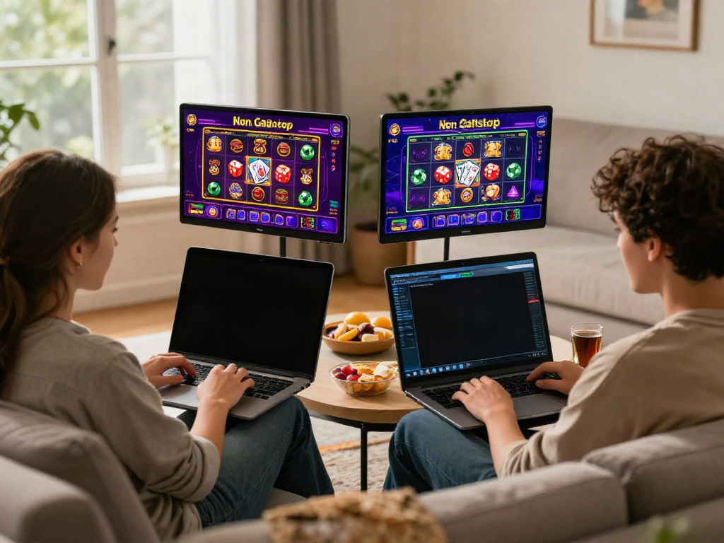 Couple enjoying non GamStop casinos online in a cozy home environment.