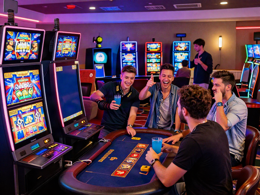 Players celebrating wins at non GamStop casinos with vibrant decor and gaming equipment.