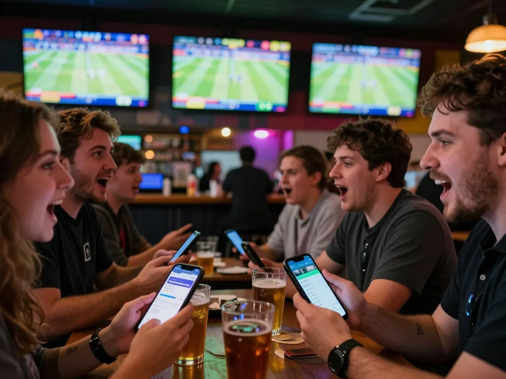 Engaged sports fans using Socolive app for live betting in a vibrant bar setting