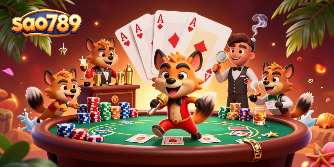 Sao789 showcases a vibrant comedy casino scene with hyenas entertaining in a lively atmosphere