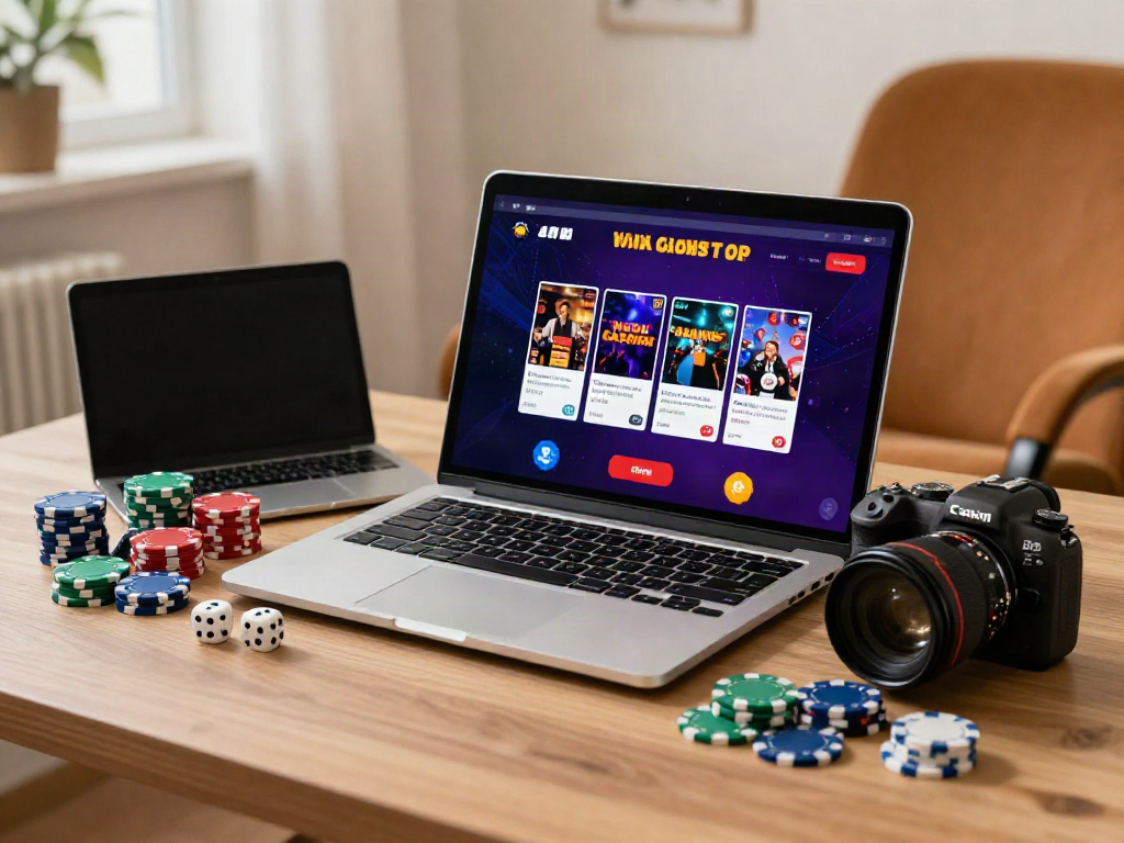 Exciting gaming setup showcasing non GamStop casinos on a laptop with poker chips and smartphone apps.