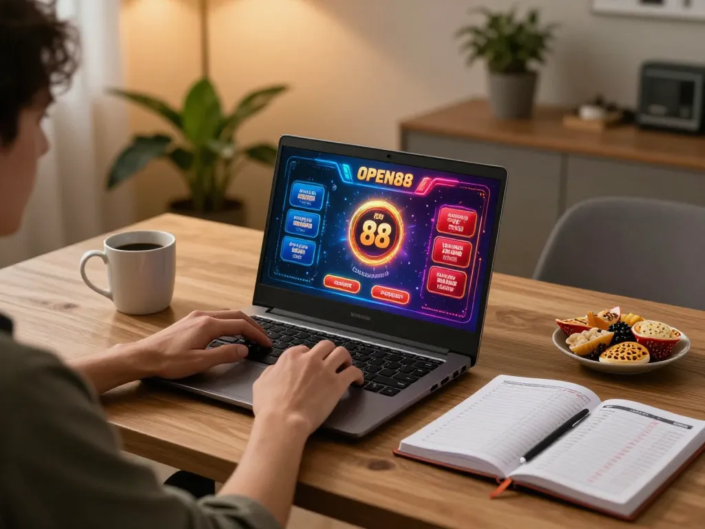 Person gaming on open88 com with laptop in a cozy home office set up, emphasizing responsible gambling.
