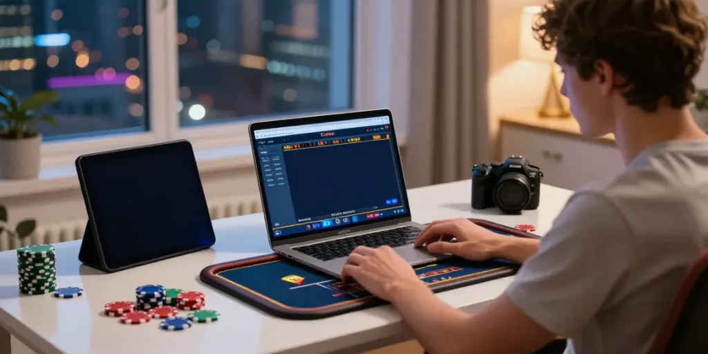 Engaged user playing non GamStop casinos online at stylish home desk.