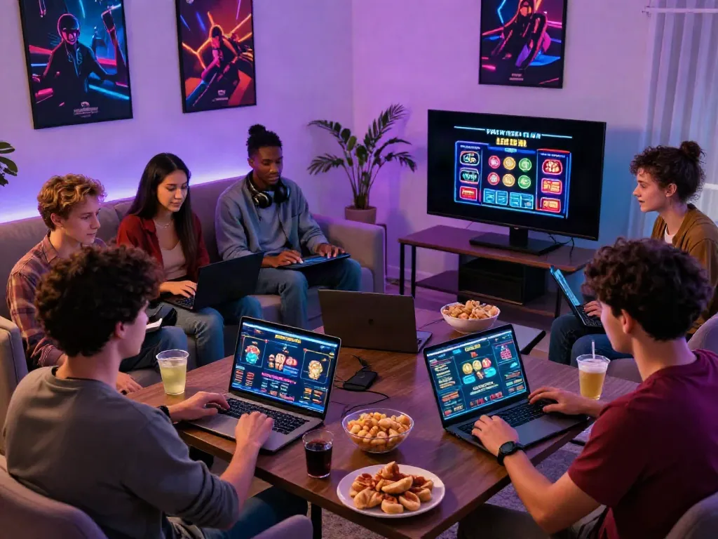 Diverse group enjoying games at non GamStop casinos in a vibrant living room filled with modern gaming equipment.