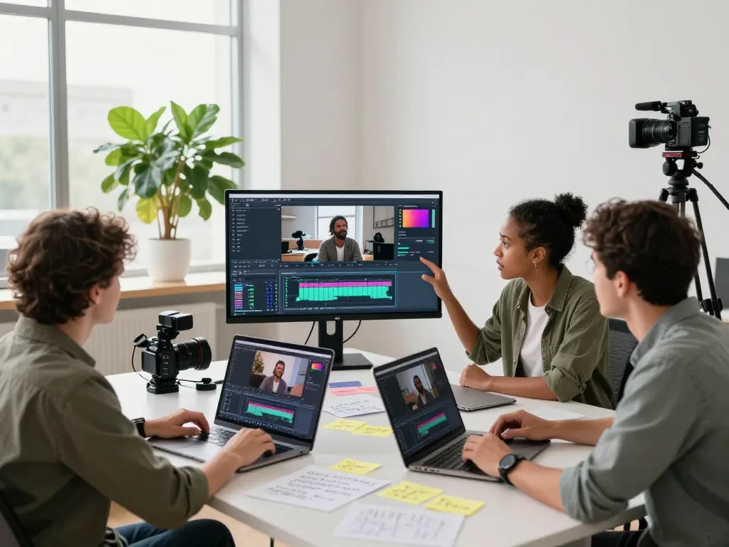 Professional team using video to prompt AI generator in a modern workspace