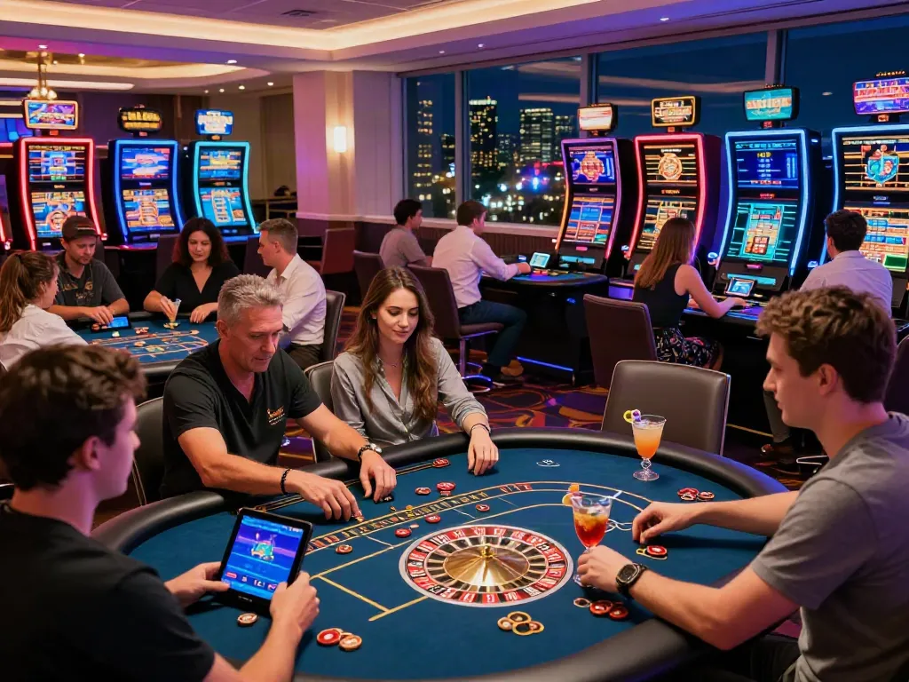 Engaging scene of players at non GamStop casinos enjoying diverse games in a lively casino atmosphere.