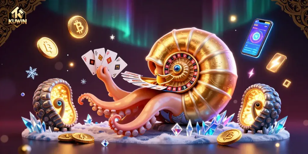 Engage in exciting games with KUWIN's vibrant 3D casino scene showcasing striking characters.