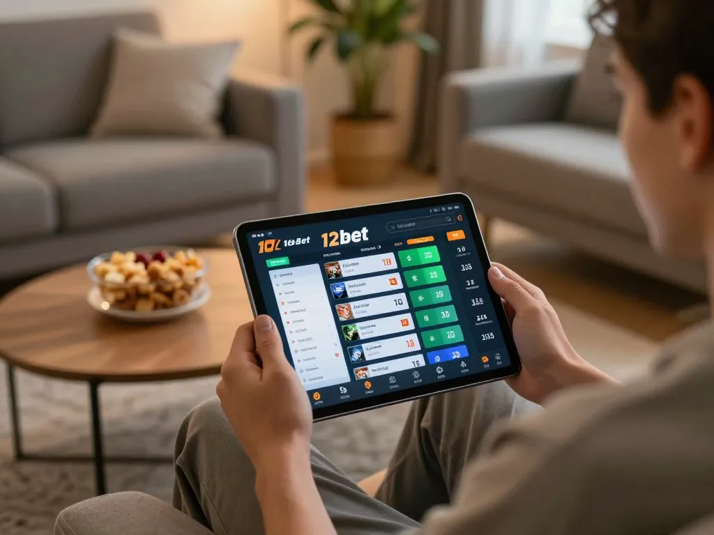 Người sử dụng ứng dụng 12bet để cá cược thể thao trực tuyến trên máy tính bảng, thể hiện không khí trò chơi năng động.