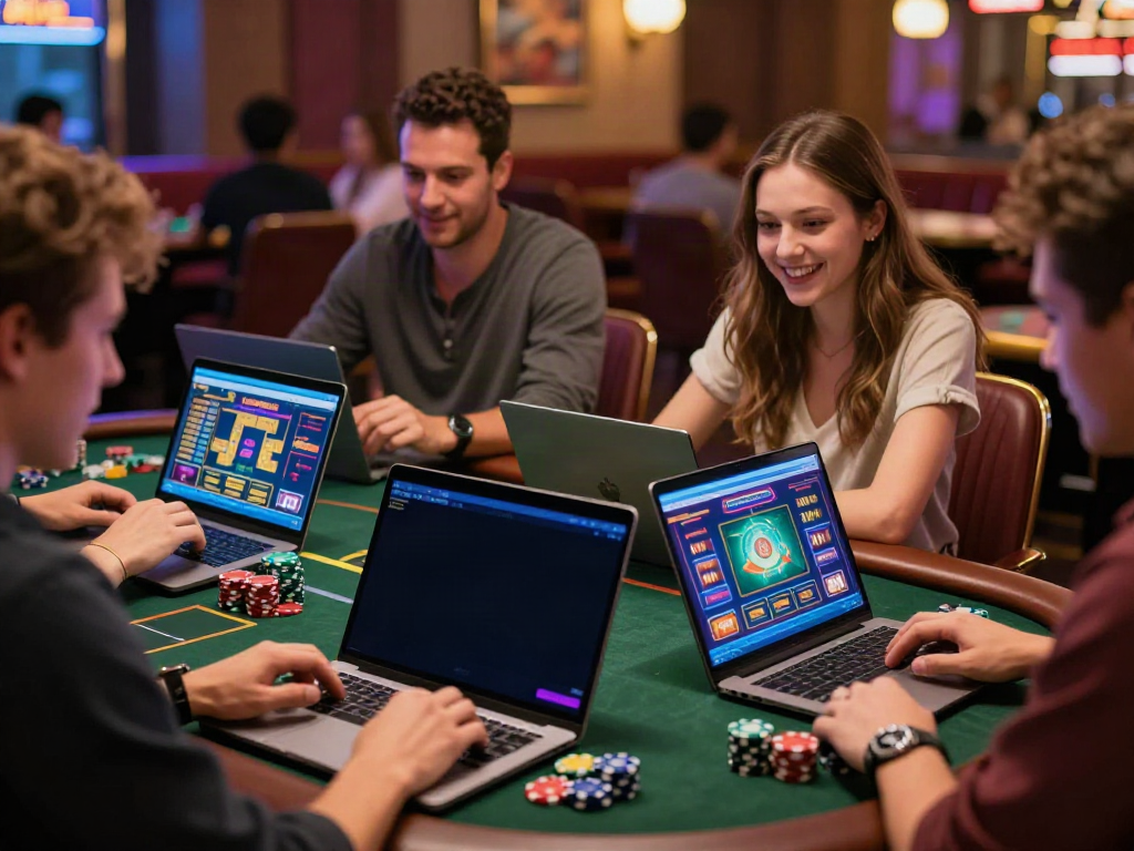 Players enjoying non Gamstop casinos on devices, capturing excitement and interaction in a lively atmosphere.