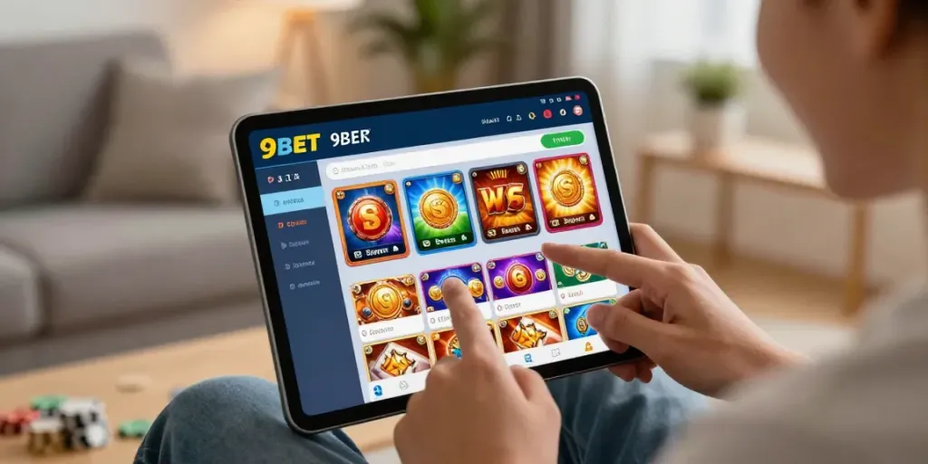 Online user enjoying gaming experience at 9bet with mobile device and gaming icons.