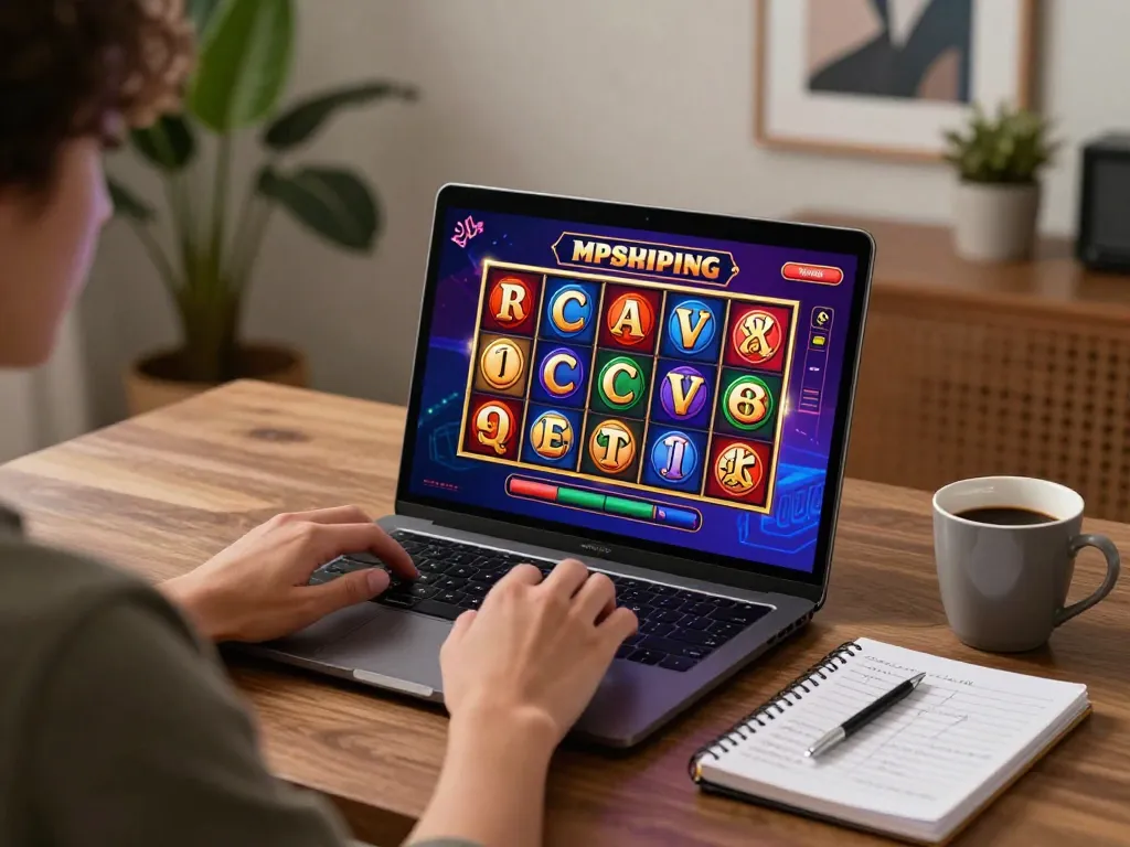 Player engaging with fly88 online casino game on a laptop, showcasing interactive gaming atmosphere.