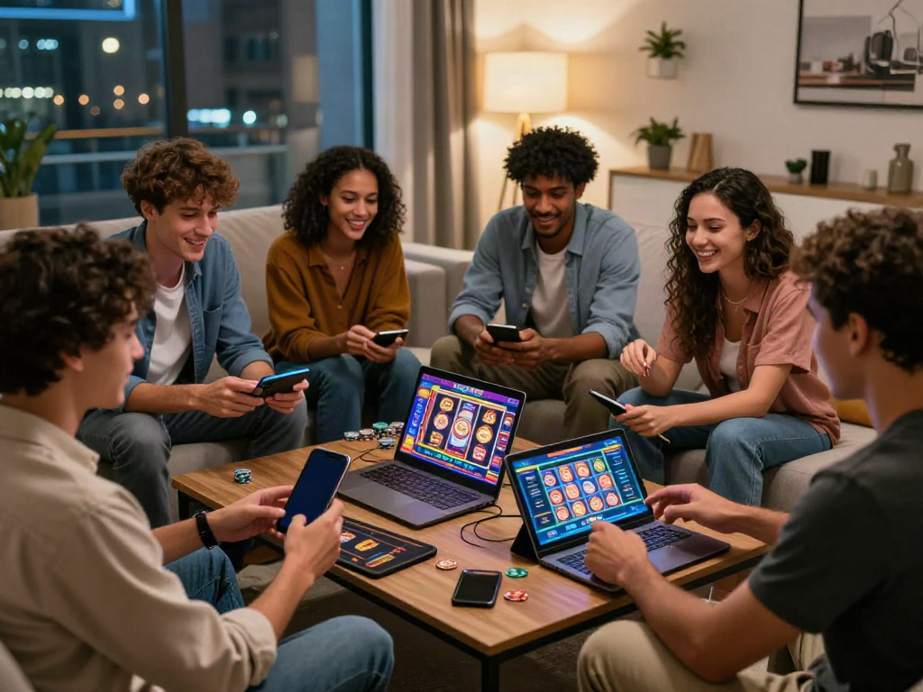 Friends enjoying non GamStop casinos at home, showcasing mobile gaming excitement and vibrant devices.